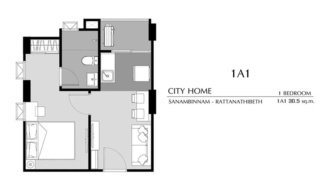 ภาพแปลนของ ซิตี้โฮม สนามบินน้ำ - รัตนาธิเบศร์ : 1 BEDROOM 1A1 รูปที่ 1