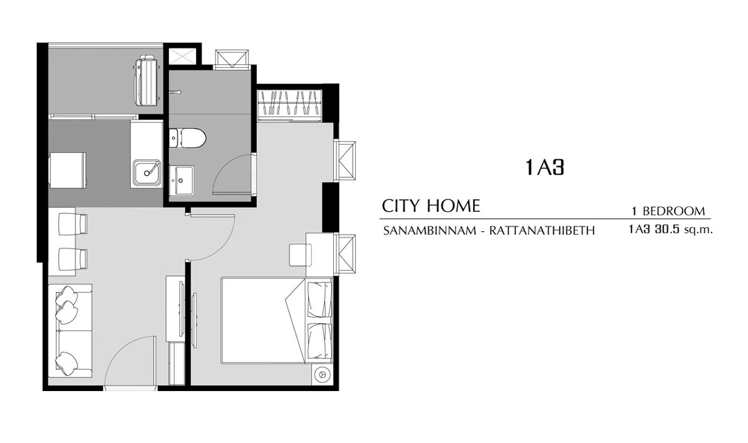 ซิตี้โฮม สนามบินน้ำ - รัตนาธิเบศร์ : 1BEDROOM 1A3 的蓝图 1