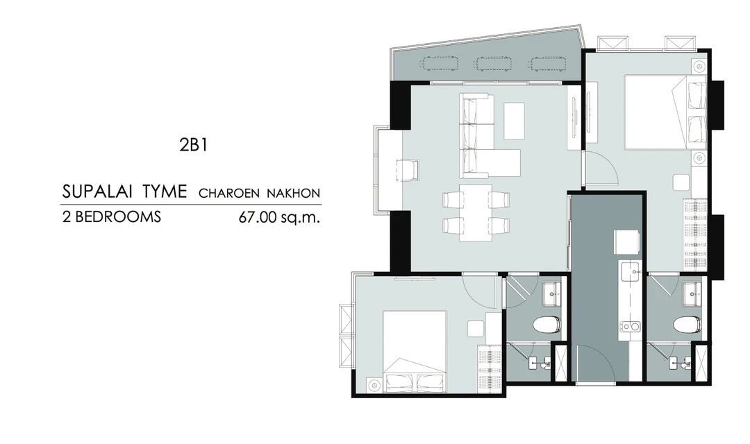 ภาพแปลนของ ศุภาลัย ธาม เจริญนคร : 2 Bedroom (2B1 67 ตรม) รูปที่ 1