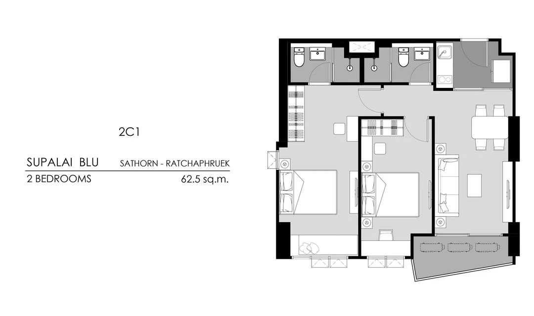 ภาพแปลนของ ศุภาลัย บลู สาทร - ราชพฤกษ์ : 2 BEDROOMS 2C1 รูปที่ 1