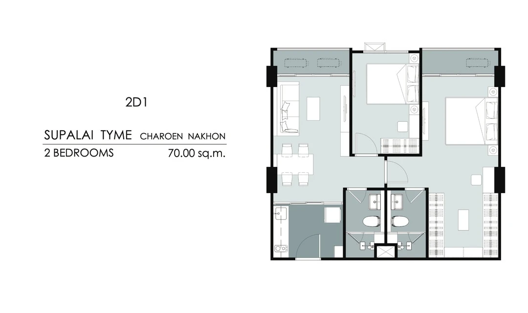 ภาพแปลนของ ศุภาลัย ธาม เจริญนคร : 2 Bedroom (2D1 70 ตรม) รูปที่ 1