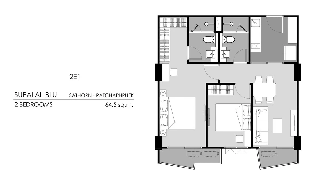 ภาพแปลนของ ศุภาลัย บลู สาทร - ราชพฤกษ์ : 2 BEDROOMS 2E1 รูปที่ 1