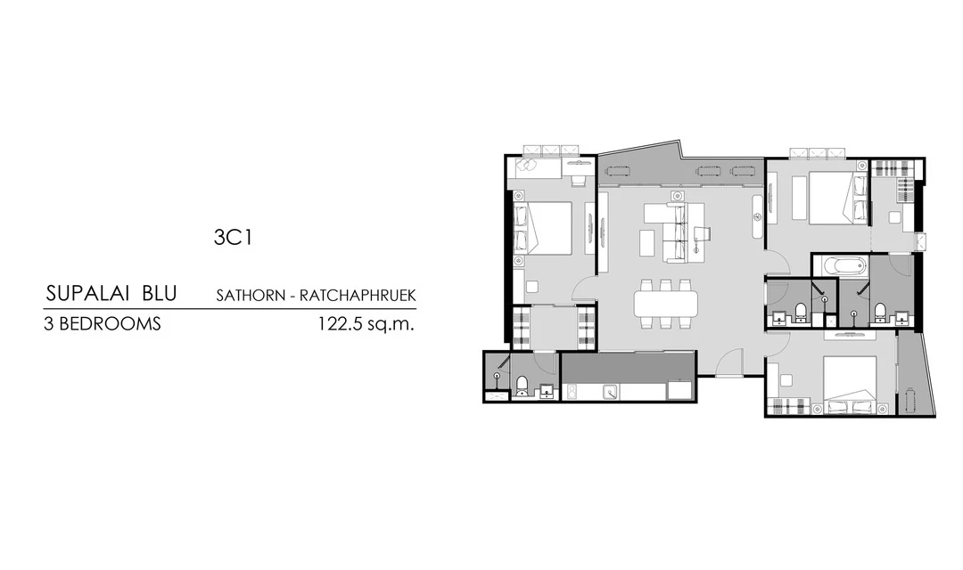 ภาพแปลนของ ศุภาลัย บลู สาทร - ราชพฤกษ์ : 3 BEDROOMS 3C1 รูปที่ 1