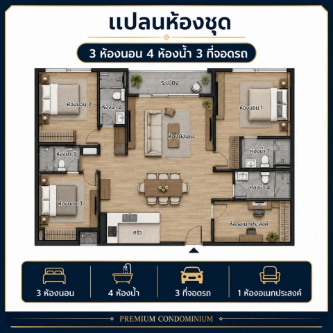 ขายคอนโดมือสอง 3 นอน 4 น้ำ 3 ที่จอดรถ ราคา 3.9 เจ้าของเอง's gallery image at 5